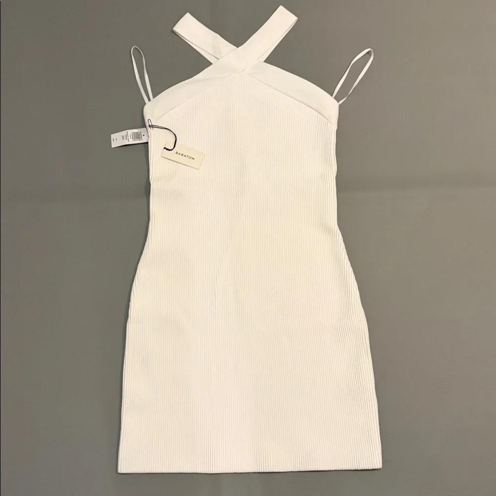 Aritzia Babaton Dress Mini NWT Sculpt Knit Cross Ribbed Halter White size Large - Picture 5 of 14